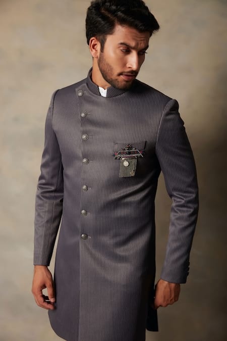 Buy_Gargee Designers_Grey , Structured Viscose Textured Sherwani Set_Online_at_Aza_Fashions