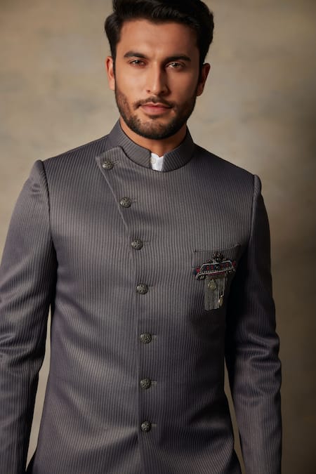 Shop_Gargee Designers_Grey , Structured Viscose Textured Sherwani Set_Online_at_Aza_Fashions