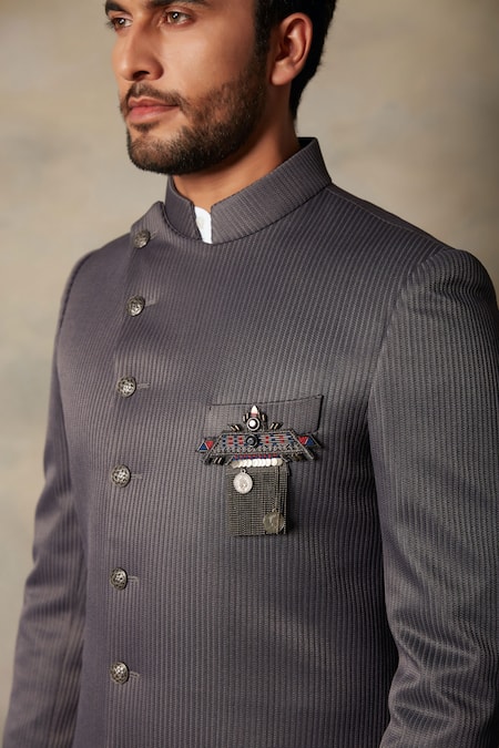 Gargee Designers_Grey , Structured Viscose Textured Sherwani Set_at_Aza_Fashions