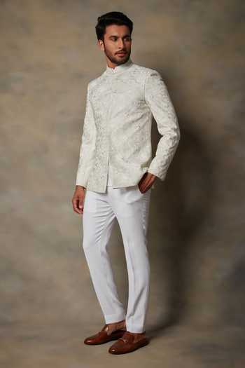 Gargee Designers_White Polyester Geometric Embroidered Bandhgala Set _Online_at_Aza_Fashions