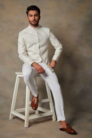 Buy_Gargee Designers_White Polyester Geometric Embroidered Bandhgala Set _Online_at_Aza_Fashions