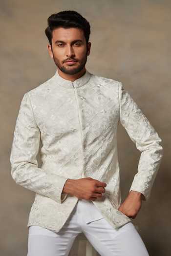 Shop_Gargee Designers_White Polyester Geometric Embroidered Bandhgala Set _Online_at_Aza_Fashions