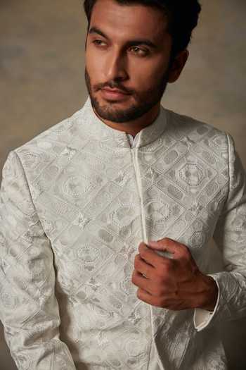 Gargee Designers_White Polyester Geometric Embroidered Bandhgala Set _at_Aza_Fashions