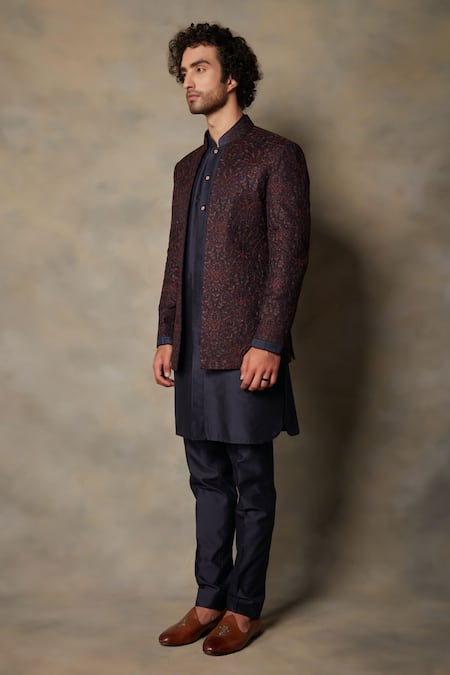 Gargee Designers Blue Cotton Silk Floral Embroidered Bandhgala And Kurta Set Online at Aza Fashions Gargee Designers_Blue Cotton Silk Floral Embroidered Bandhgala And Kurta Set _Online_at_Aza_Fashions