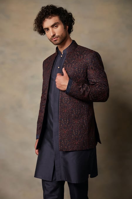 Buy Gargee Designers Blue Cotton Silk Floral Embroidered Bandhgala And Kurta Set Online at Aza Fashions Buy_Gargee Designers_Blue Cotton Silk Floral Embroidered Bandhgala And Kurta Set _Online_at_Aza_Fashions