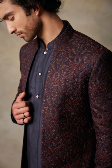 Shop Gargee Designers Blue Cotton Silk Floral Embroidered Bandhgala And Kurta Set Online at Aza Fashions Shop_Gargee Designers_Blue Cotton Silk Floral Embroidered Bandhgala And Kurta Set _Online_at_Aza_Fashions