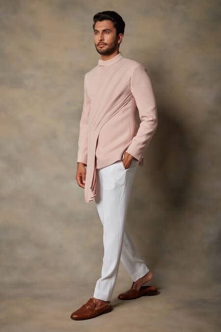 Buy_Gargee Designers_Pink Polyester Plain Draped Bandhgala Set _Online_at_Aza_Fashions