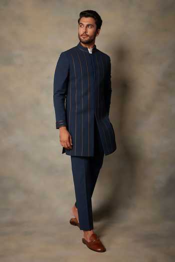 Gargee Designers_Blue Polyester Viscose Tape Embellished Sherwani Set _Online_at_Aza_Fashions
