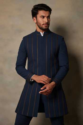 Shop_Gargee Designers_Blue Polyester Viscose Tape Embellished Sherwani Set _Online_at_Aza_Fashions