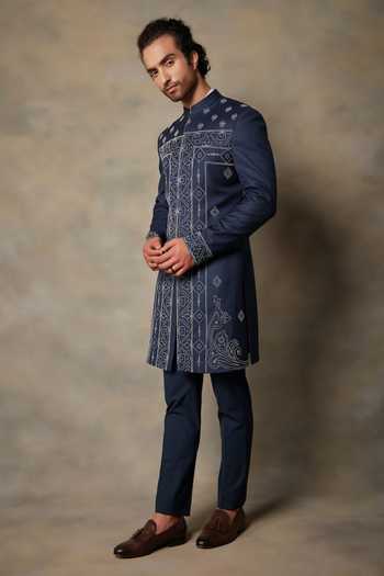 Gargee Designers Blue Terry Wool Floral Embroidered Sherwani Set Online at Aza Fashions Gargee Designers_Blue Terry Wool Floral Embroidered Sherwani Set _Online_at_Aza_Fashions
