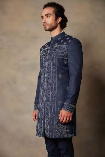 Buy Gargee Designers Blue Terry Wool Floral Embroidered Sherwani Set Online at Aza Fashions Buy_Gargee Designers_Blue Terry Wool Floral Embroidered Sherwani Set _Online_at_Aza_Fashions