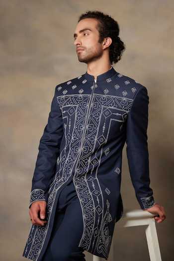 Shop Gargee Designers Blue Terry Wool Floral Embroidered Sherwani Set Online at Aza Fashions Shop_Gargee Designers_Blue Terry Wool Floral Embroidered Sherwani Set _Online_at_Aza_Fashions