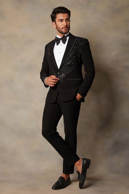 Gargee Designers_Black Polyester Viscose Floral Embroidered Tuxedo And Pant Set _Online_at_Aza_Fashions