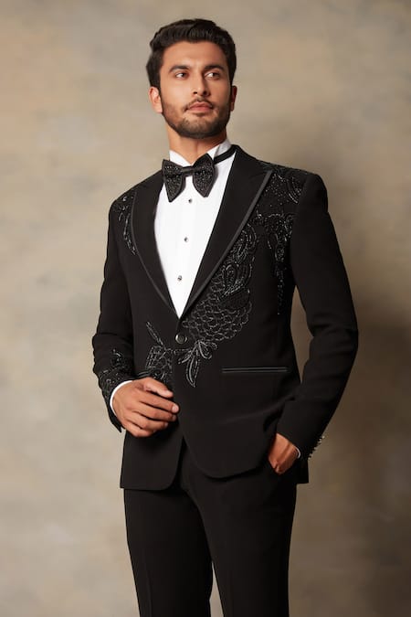 Buy_Gargee Designers_Black Polyester Viscose Floral Embroidered Tuxedo And Pant Set _Online_at_Aza_Fashions