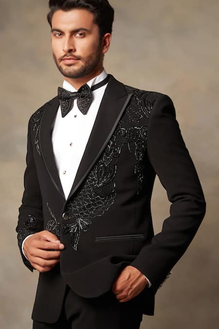 Shop_Gargee Designers_Black Polyester Viscose Floral Embroidered Tuxedo And Pant Set _Online_at_Aza_Fashions