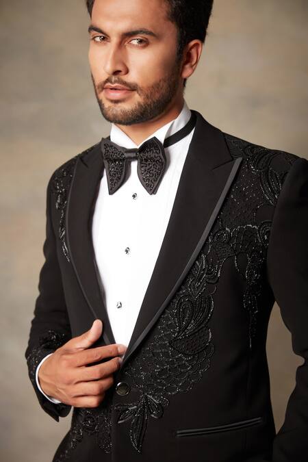 Gargee Designers_Black Polyester Viscose Floral Embroidered Tuxedo And Pant Set _at_Aza_Fashions