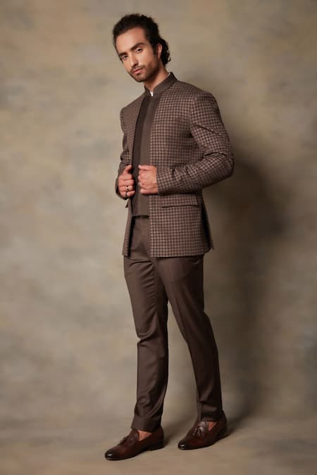 Gargee Designers Brown Polyester Viscose Textured Bandhgala Set Online at Aza Fashions Gargee Designers_Brown Polyester Viscose Textured Bandhgala Set _Online_at_Aza_Fashions