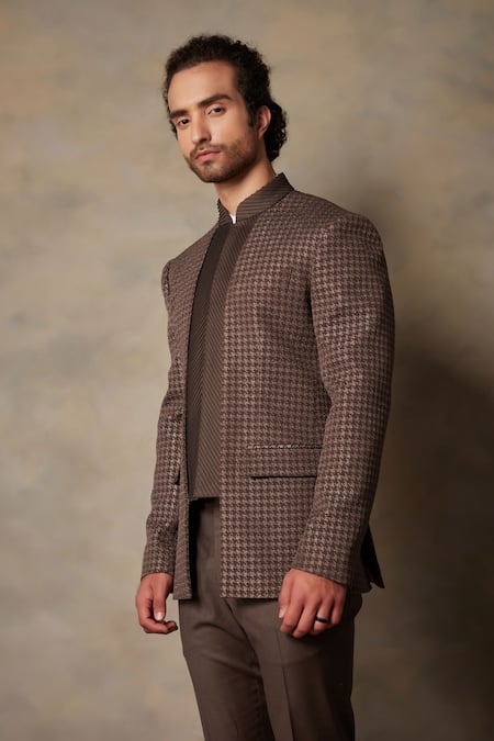 Buy Gargee Designers Brown Polyester Viscose Textured Bandhgala Set Online at Aza Fashions Buy_Gargee Designers_Brown Polyester Viscose Textured Bandhgala Set _Online_at_Aza_Fashions