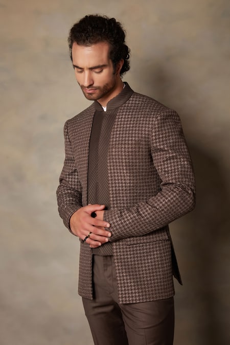 Shop Gargee Designers Brown Polyester Viscose Textured Bandhgala Set Online at Aza Fashions Shop_Gargee Designers_Brown Polyester Viscose Textured Bandhgala Set _Online_at_Aza_Fashions