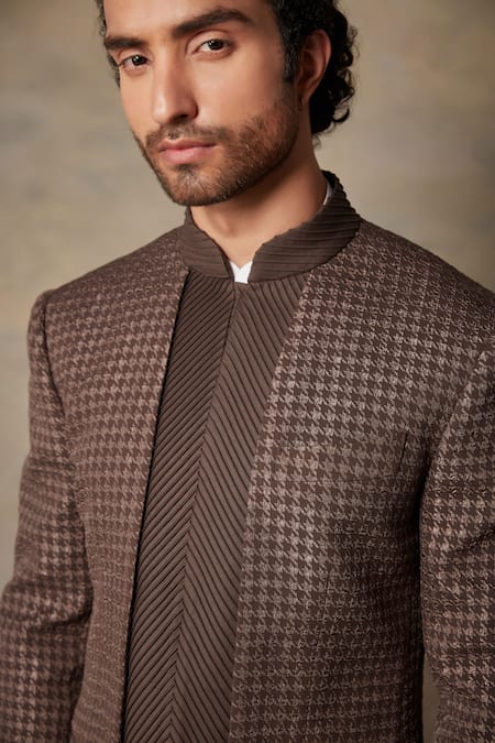 Gargee Designers Brown Polyester Viscose Textured Bandhgala Set at Aza Fashions Gargee Designers_Brown Polyester Viscose Textured Bandhgala Set _at_Aza_Fashions