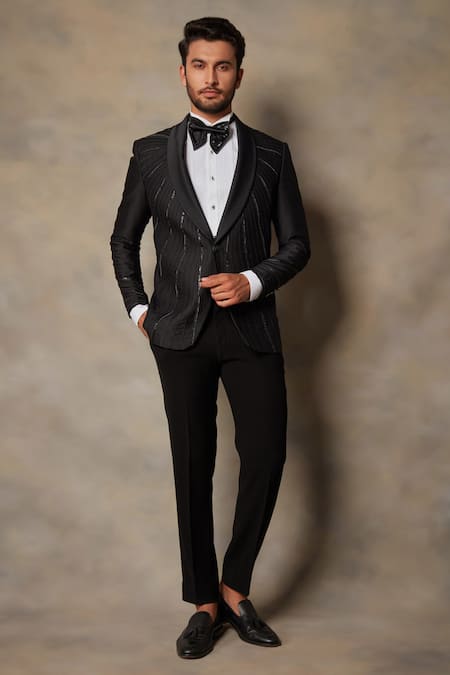 Gargee Designers Black Polyester Viscose Embellished Tape Tuxedo And Pant Set