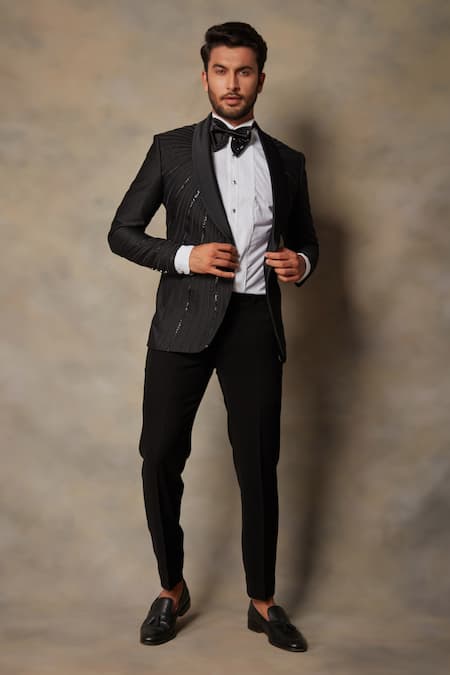 Gargee Designers_Black Polyester Viscose Tape Embellished Tuxedo And Pant Set _Online_at_Aza_Fashions
