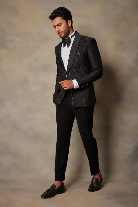Buy_Gargee Designers_Black Polyester Viscose Tape Embellished Tuxedo And Pant Set _Online_at_Aza_Fashions
