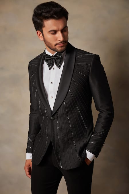 Shop_Gargee Designers_Black Polyester Viscose Tape Embellished Tuxedo And Pant Set _Online_at_Aza_Fashions