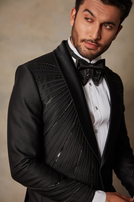 Gargee Designers_Black Polyester Viscose Tape Embellished Tuxedo And Pant Set _at_Aza_Fashions