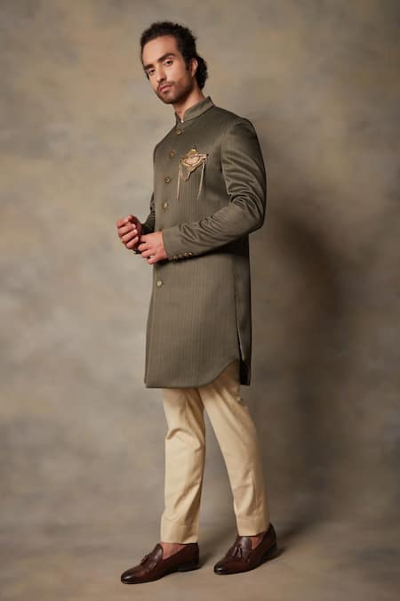 Gargee Designers_Green , Structured Viscose Textured Sherwani Set_Online_at_Aza_Fashions
