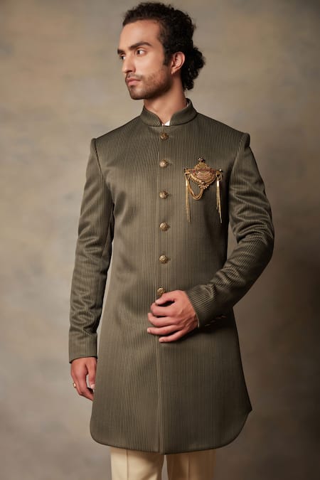 Buy_Gargee Designers_Green , Structured Viscose Textured Sherwani Set_Online_at_Aza_Fashions