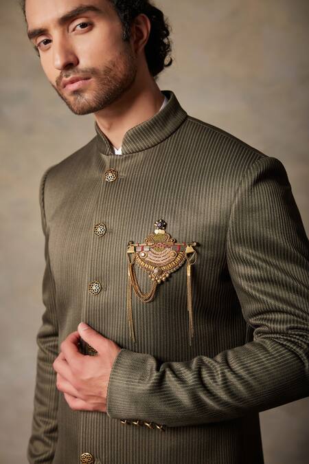 Shop_Gargee Designers_Green , Structured Viscose Textured Sherwani Set_Online_at_Aza_Fashions