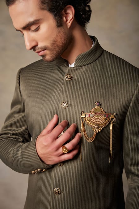 Gargee Designers_Green , Structured Viscose Textured Sherwani Set_at_Aza_Fashions