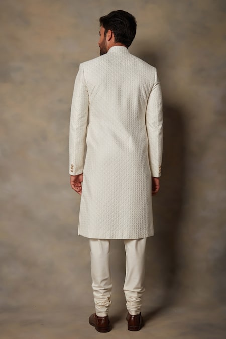 Shop_Gargee Designers_White Cotton Silk Geometric Embroidered Sherwani Set _at_Aza_Fashions