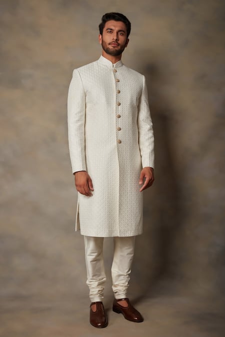 Gargee Designers_White Cotton Silk Geometric Embroidered Sherwani Set _Online_at_Aza_Fashions