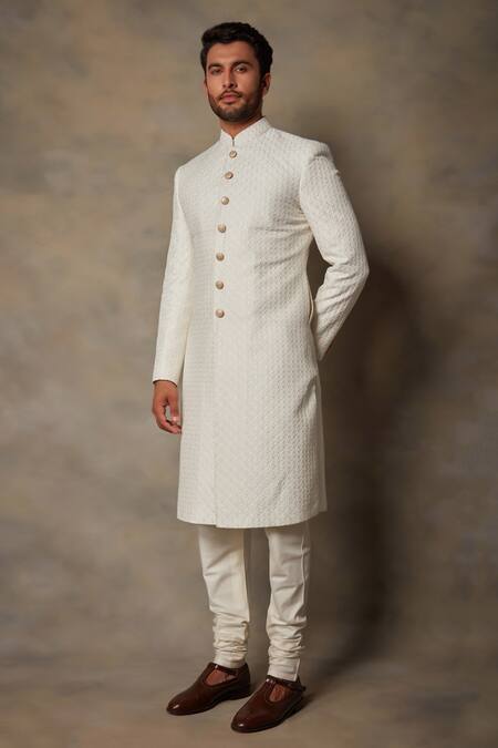 Buy_Gargee Designers_White Cotton Silk Geometric Embroidered Sherwani Set _Online_at_Aza_Fashions