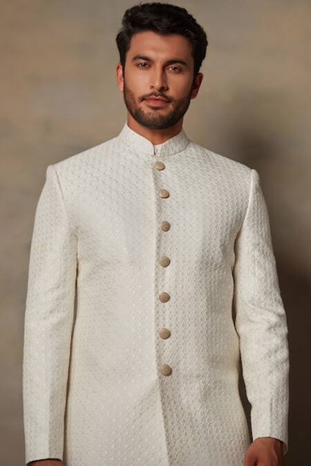 Shop_Gargee Designers_White Cotton Silk Geometric Embroidered Sherwani Set _Online_at_Aza_Fashions