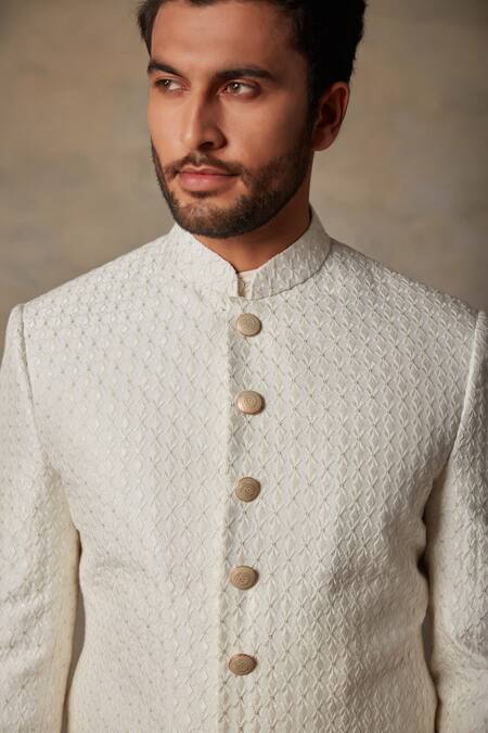 Gargee Designers_White Cotton Silk Geometric Embroidered Sherwani Set _at_Aza_Fashions