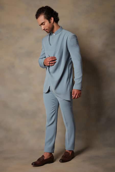 Gargee Designers_Blue Polyester Viscose Draped Bandhgala Set _Online_at_Aza_Fashions