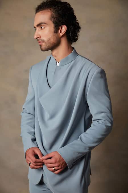 Buy_Gargee Designers_Blue Polyester Viscose Draped Bandhgala Set _Online_at_Aza_Fashions