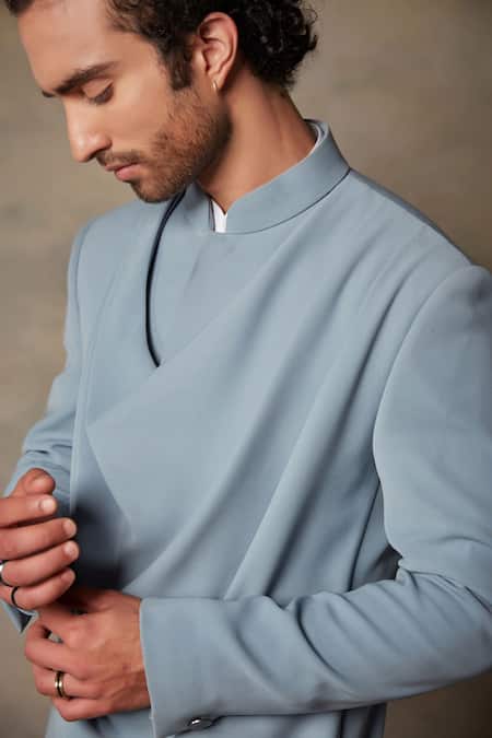 Shop_Gargee Designers_Blue Polyester Viscose Draped Bandhgala Set _Online_at_Aza_Fashions