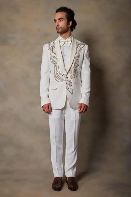 Gargee Designers_White Polyester Abstract Embellished Tuxedo And Pant Set _Online_at_Aza_Fashions