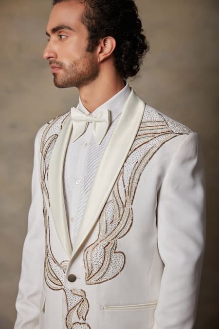 Shop_Gargee Designers_White Polyester Abstract Embellished Tuxedo And Pant Set _Online_at_Aza_Fashions