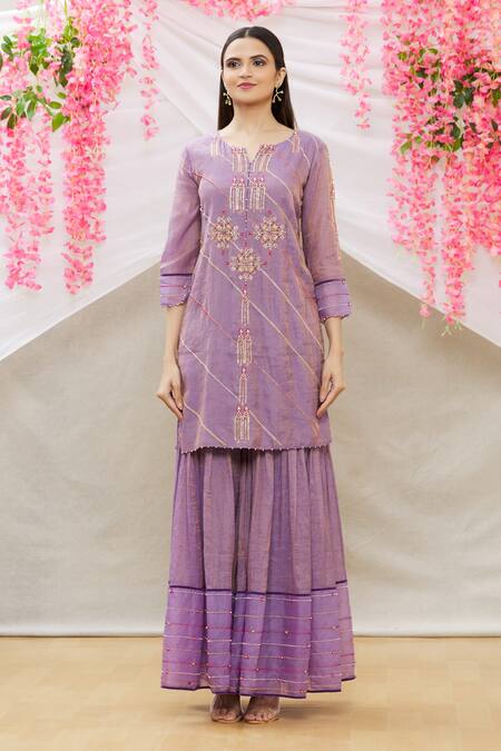 Buy_Sozenkari_Purple Chanderi Tissue And Organza Embroidered Kurta Sharara Set _Online_at_Aza_Fashions