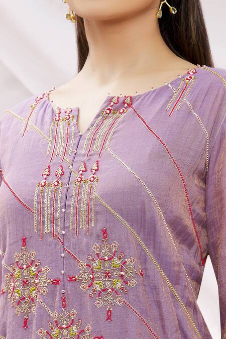 Sozenkari_Purple Chanderi Tissue And Organza Embroidered Kurta Sharara Set _at_Aza_Fashions