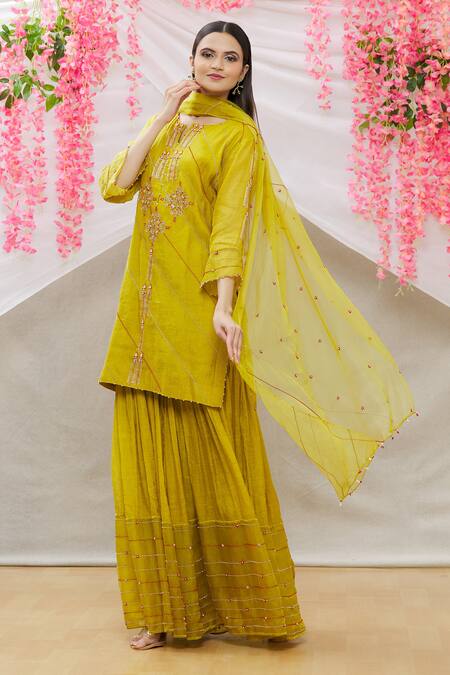 Sozenkari_Green Chanderi Tissue And Organza Hand Embroidered Kurta Sharara Set _Online_at_Aza_Fashions