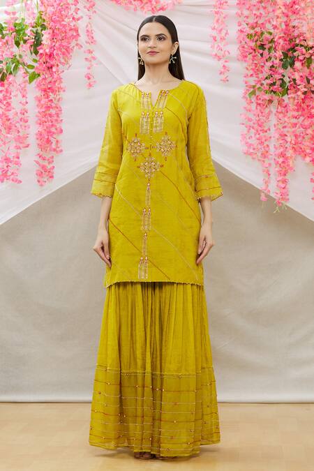 Buy_Sozenkari_Green Chanderi Tissue And Organza Hand Embroidered Kurta Sharara Set _Online_at_Aza_Fashions