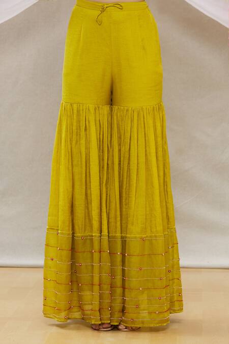 Shop_Sozenkari_Green Chanderi Tissue And Organza Hand Embroidered Kurta Sharara Set _Online_at_Aza_Fashions