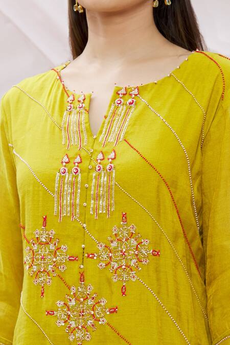 Sozenkari_Green Chanderi Tissue And Organza Hand Embroidered Kurta Sharara Set _at_Aza_Fashions