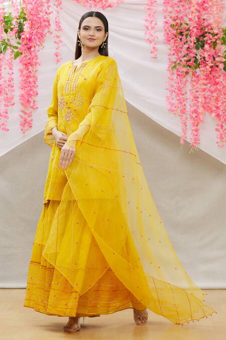 Sozenkari_Yellow Chanderi Tissue And Organza Embroidered Kurta Sharara Set _Online_at_Aza_Fashions